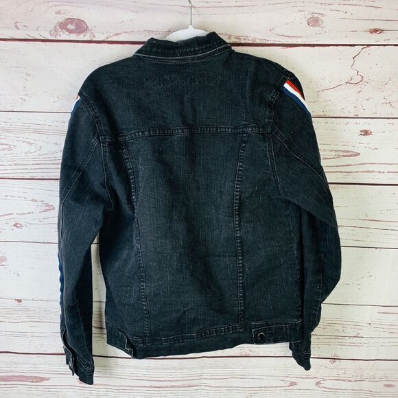 Kilogram Mens Black Red White Blue Stripe Long Sleeve Denim Jacket Size Medium - Picture 3 of 9